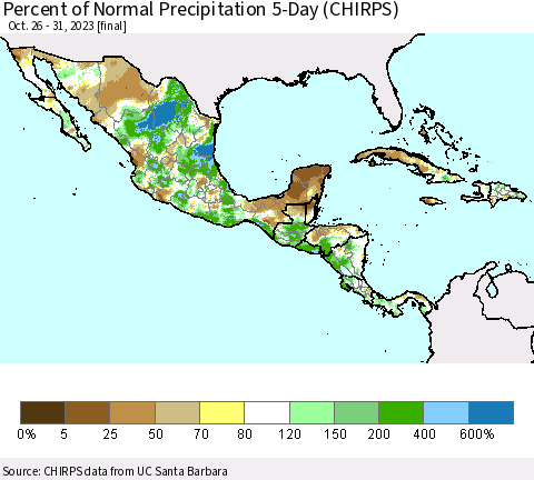Mexico Central America and the Caribbean Percent of Normal Precipitation 5-Day (CHIRPS) Thematic Map For 10/26/2023 - 10/31/2023