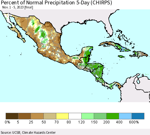 Mexico Central America and the Caribbean Percent of Normal Precipitation 5-Day (CHIRPS) Thematic Map For 11/1/2023 - 11/5/2023