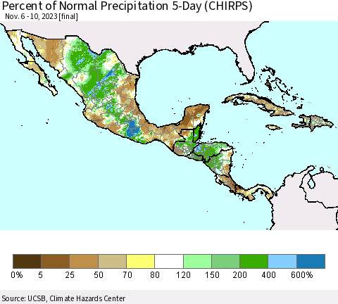 Mexico Central America and the Caribbean Percent of Normal Precipitation 5-Day (CHIRPS) Thematic Map For 11/6/2023 - 11/10/2023