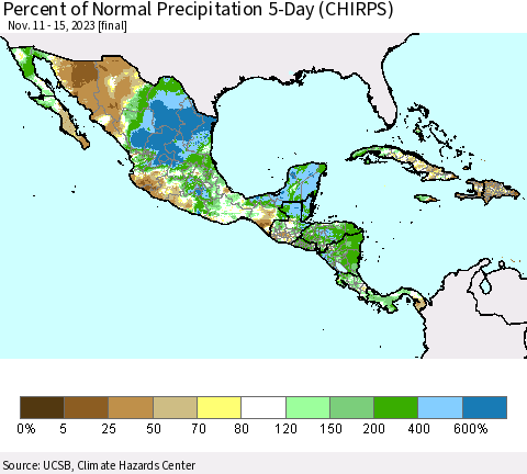 Mexico Central America and the Caribbean Percent of Normal Precipitation 5-Day (CHIRPS) Thematic Map For 11/11/2023 - 11/15/2023