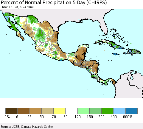 Mexico Central America and the Caribbean Percent of Normal Precipitation 5-Day (CHIRPS) Thematic Map For 11/16/2023 - 11/20/2023