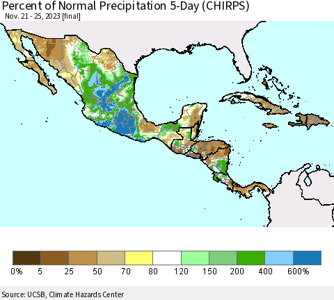 Mexico Central America and the Caribbean Percent of Normal Precipitation 5-Day (CHIRPS) Thematic Map For 11/21/2023 - 11/25/2023