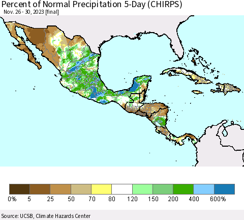 Mexico Central America and the Caribbean Percent of Normal Precipitation 5-Day (CHIRPS) Thematic Map For 11/26/2023 - 11/30/2023