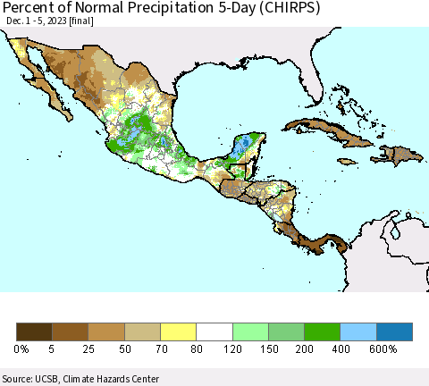 Mexico Central America and the Caribbean Percent of Normal Precipitation 5-Day (CHIRPS) Thematic Map For 12/1/2023 - 12/5/2023