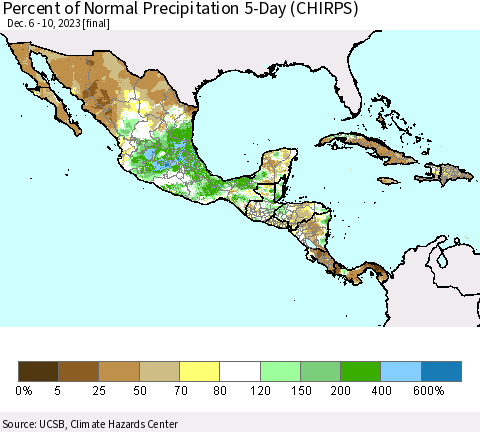 Mexico Central America and the Caribbean Percent of Normal Precipitation 5-Day (CHIRPS) Thematic Map For 12/6/2023 - 12/10/2023