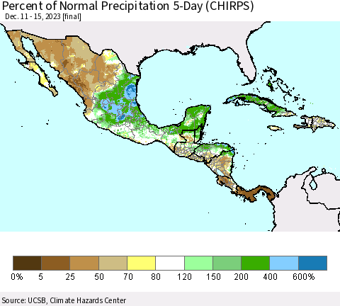 Mexico Central America and the Caribbean Percent of Normal Precipitation 5-Day (CHIRPS) Thematic Map For 12/11/2023 - 12/15/2023