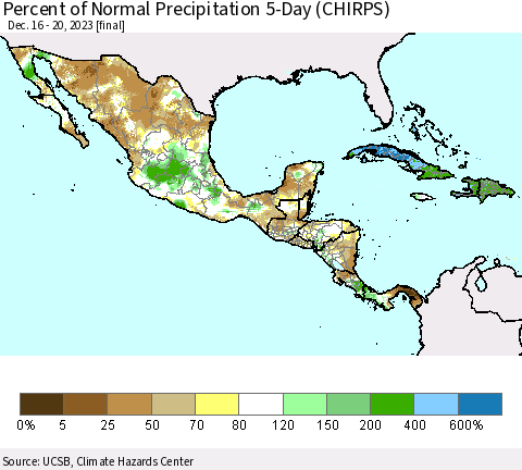 Mexico Central America and the Caribbean Percent of Normal Precipitation 5-Day (CHIRPS) Thematic Map For 12/16/2023 - 12/20/2023