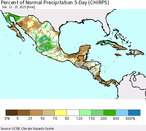 Mexico Central America and the Caribbean Percent of Normal Precipitation 5-Day (CHIRPS) Thematic Map For 12/21/2023 - 12/25/2023