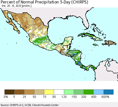 Mexico Central America and the Caribbean Percent of Normal Precipitation 5-Day (CHIRPS) Thematic Map For 12/26/2023 - 12/31/2023