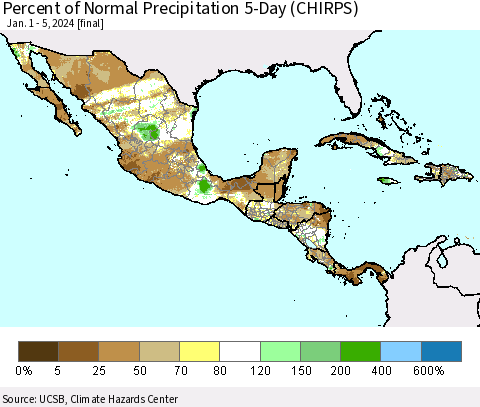 Mexico Central America and the Caribbean Percent of Normal Precipitation 5-Day (CHIRPS) Thematic Map For 1/1/2024 - 1/5/2024