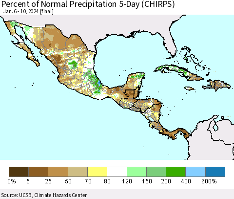 Mexico Central America and the Caribbean Percent of Normal Precipitation 5-Day (CHIRPS) Thematic Map For 1/6/2024 - 1/10/2024