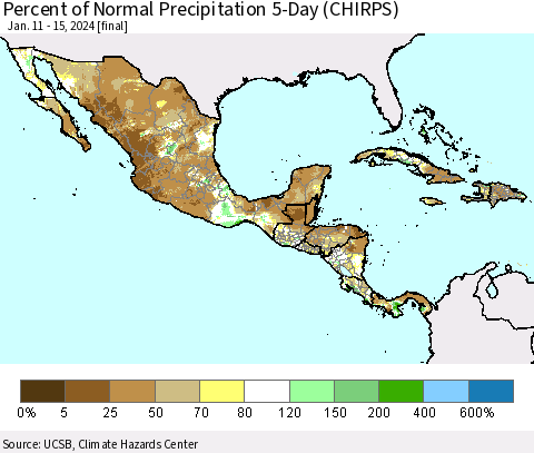 Mexico Central America and the Caribbean Percent of Normal Precipitation 5-Day (CHIRPS) Thematic Map For 1/11/2024 - 1/15/2024