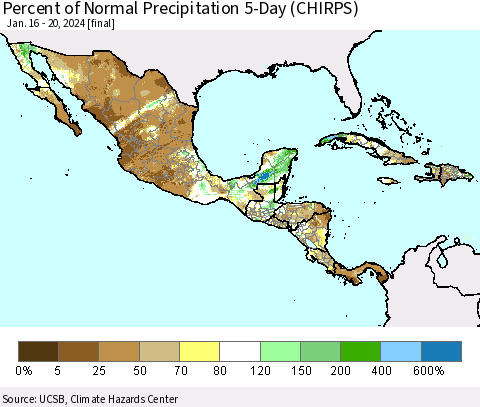 Mexico Central America and the Caribbean Percent of Normal Precipitation 5-Day (CHIRPS) Thematic Map For 1/16/2024 - 1/20/2024