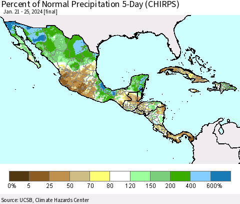 Mexico Central America and the Caribbean Percent of Normal Precipitation 5-Day (CHIRPS) Thematic Map For 1/21/2024 - 1/25/2024