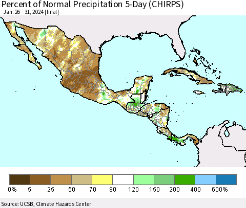 Mexico Central America and the Caribbean Percent of Normal Precipitation 5-Day (CHIRPS) Thematic Map For 1/26/2024 - 1/31/2024