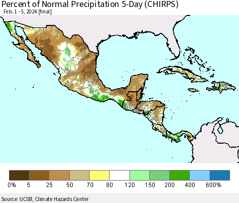 Mexico Central America and the Caribbean Percent of Normal Precipitation 5-Day (CHIRPS) Thematic Map For 2/1/2024 - 2/5/2024