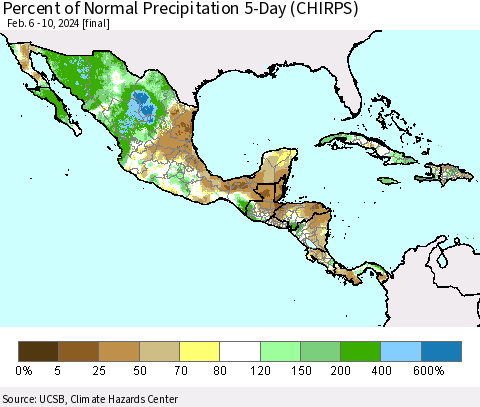 Mexico Central America and the Caribbean Percent of Normal Precipitation 5-Day (CHIRPS) Thematic Map For 2/6/2024 - 2/10/2024