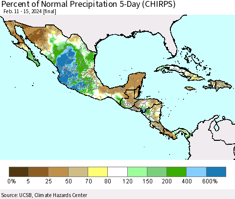 Mexico Central America and the Caribbean Percent of Normal Precipitation 5-Day (CHIRPS) Thematic Map For 2/11/2024 - 2/15/2024