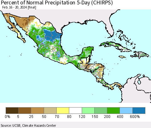 Mexico Central America and the Caribbean Percent of Normal Precipitation 5-Day (CHIRPS) Thematic Map For 2/16/2024 - 2/20/2024