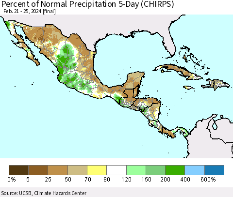 Mexico Central America and the Caribbean Percent of Normal Precipitation 5-Day (CHIRPS) Thematic Map For 2/21/2024 - 2/25/2024
