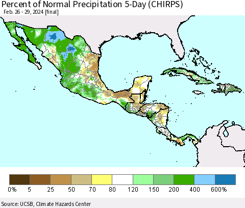 Mexico Central America and the Caribbean Percent of Normal Precipitation 5-Day (CHIRPS) Thematic Map For 2/26/2024 - 2/29/2024