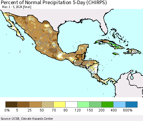 Mexico Central America and the Caribbean Percent of Normal Precipitation 5-Day (CHIRPS) Thematic Map For 3/1/2024 - 3/5/2024