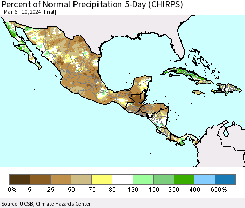 Mexico Central America and the Caribbean Percent of Normal Precipitation 5-Day (CHIRPS) Thematic Map For 3/6/2024 - 3/10/2024