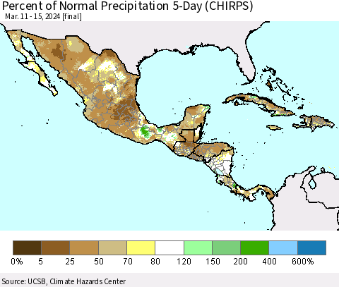 Mexico Central America and the Caribbean Percent of Normal Precipitation 5-Day (CHIRPS) Thematic Map For 3/11/2024 - 3/15/2024