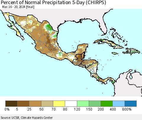 Mexico Central America and the Caribbean Percent of Normal Precipitation 5-Day (CHIRPS) Thematic Map For 3/16/2024 - 3/20/2024