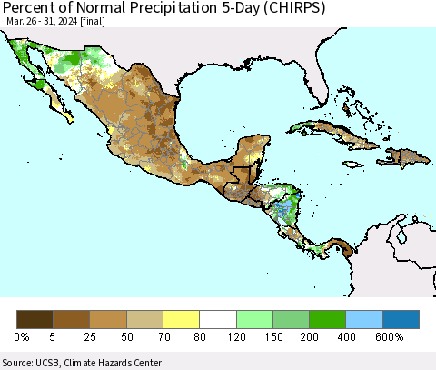 Mexico Central America and the Caribbean Percent of Normal Precipitation 5-Day (CHIRPS) Thematic Map For 3/26/2024 - 3/31/2024