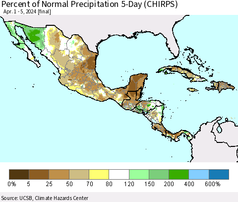 Mexico Central America and the Caribbean Percent of Normal Precipitation 5-Day (CHIRPS) Thematic Map For 4/1/2024 - 4/5/2024