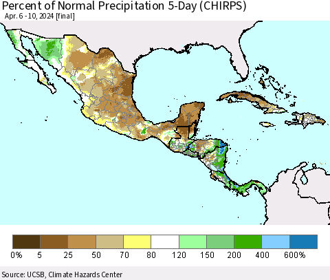 Mexico Central America and the Caribbean Percent of Normal Precipitation 5-Day (CHIRPS) Thematic Map For 4/6/2024 - 4/10/2024