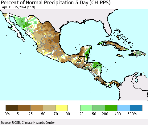 Mexico Central America and the Caribbean Percent of Normal Precipitation 5-Day (CHIRPS) Thematic Map For 4/11/2024 - 4/15/2024