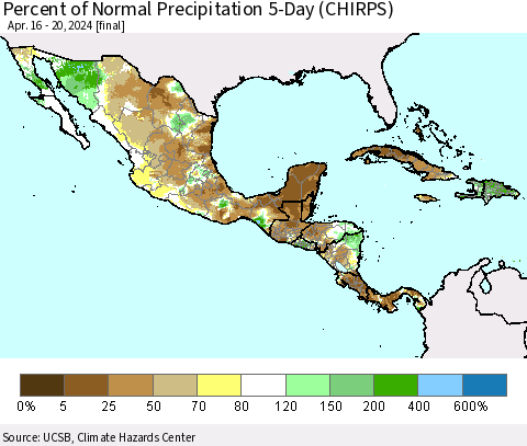Mexico Central America and the Caribbean Percent of Normal Precipitation 5-Day (CHIRPS) Thematic Map For 4/16/2024 - 4/20/2024