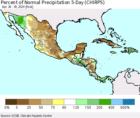 Mexico Central America and the Caribbean Percent of Normal Precipitation 5-Day (CHIRPS) Thematic Map For 4/26/2024 - 4/30/2024