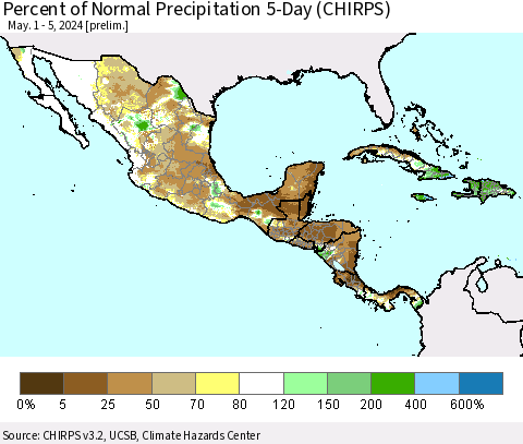 Mexico Central America and the Caribbean Percent of Normal Precipitation 5-Day (CHIRPS) Thematic Map For 5/1/2024 - 5/5/2024