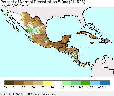 Mexico Central America and the Caribbean Percent of Normal Precipitation 5-Day (CHIRPS) Thematic Map For 5/6/2024 - 5/10/2024