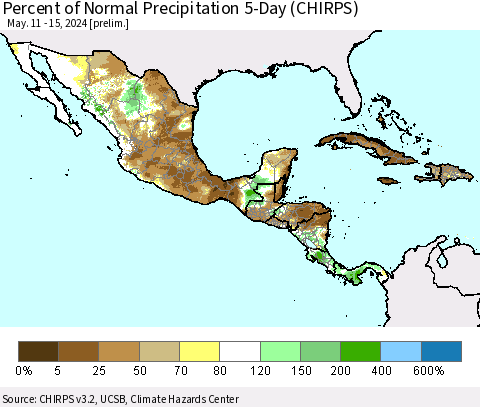Mexico Central America and the Caribbean Percent of Normal Precipitation 5-Day (CHIRPS) Thematic Map For 5/11/2024 - 5/15/2024