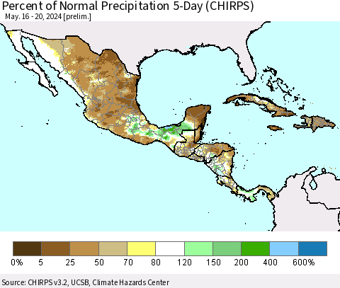 Mexico Central America and the Caribbean Percent of Normal Precipitation 5-Day (CHIRPS) Thematic Map For 5/16/2024 - 5/20/2024