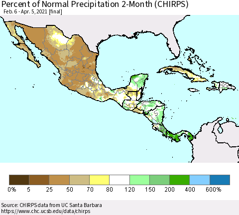 Mexico Central America and the Caribbean Percent of Normal Precipitation 2-Month (CHIRPS) Thematic Map For 2/6/2021 - 4/5/2021