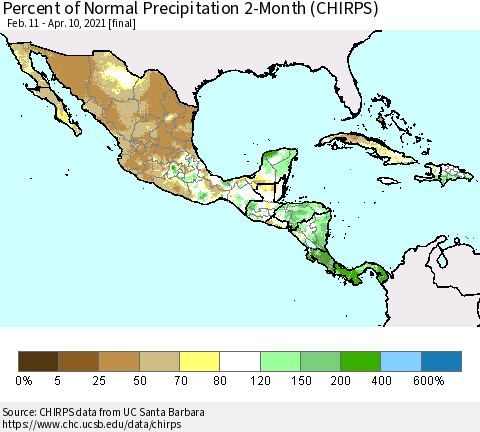 Mexico Central America and the Caribbean Percent of Normal Precipitation 2-Month (CHIRPS) Thematic Map For 2/11/2021 - 4/10/2021