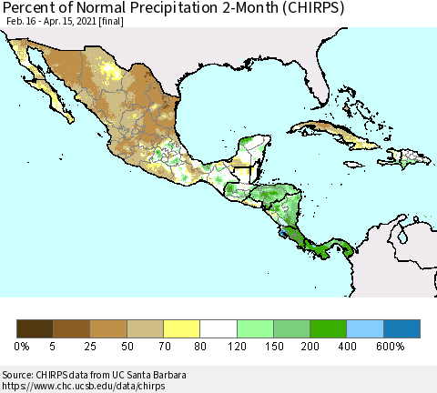 Mexico Central America and the Caribbean Percent of Normal Precipitation 2-Month (CHIRPS) Thematic Map For 2/16/2021 - 4/15/2021