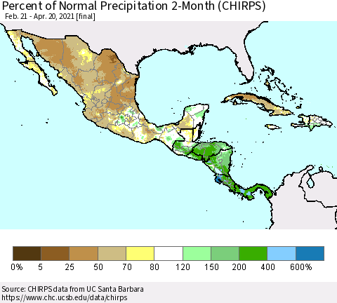 Mexico Central America and the Caribbean Percent of Normal Precipitation 2-Month (CHIRPS) Thematic Map For 2/21/2021 - 4/20/2021