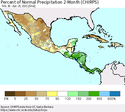 Mexico Central America and the Caribbean Percent of Normal Precipitation 2-Month (CHIRPS) Thematic Map For 2/26/2021 - 4/25/2021