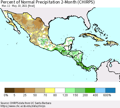 Mexico Central America and the Caribbean Percent of Normal Precipitation 2-Month (CHIRPS) Thematic Map For 3/11/2021 - 5/10/2021