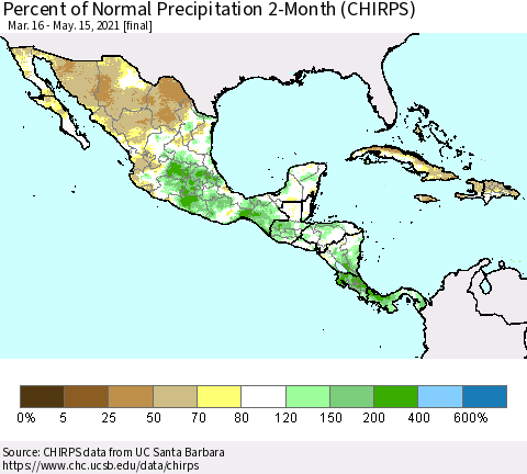 Mexico Central America and the Caribbean Percent of Normal Precipitation 2-Month (CHIRPS) Thematic Map For 3/16/2021 - 5/15/2021