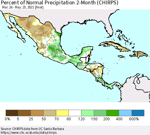 Mexico Central America and the Caribbean Percent of Normal Precipitation 2-Month (CHIRPS) Thematic Map For 3/26/2021 - 5/25/2021