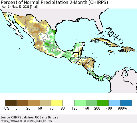 Mexico Central America and the Caribbean Percent of Normal Precipitation 2-Month (CHIRPS) Thematic Map For 4/1/2021 - 5/31/2021