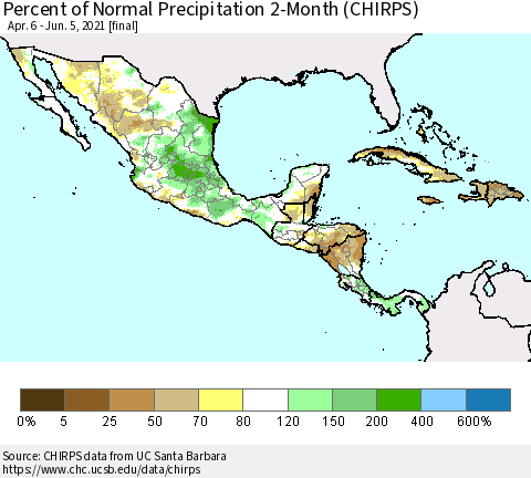 Mexico Central America and the Caribbean Percent of Normal Precipitation 2-Month (CHIRPS) Thematic Map For 4/6/2021 - 6/5/2021