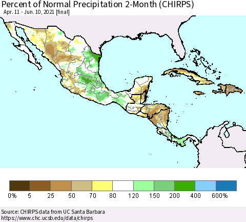 Mexico Central America and the Caribbean Percent of Normal Precipitation 2-Month (CHIRPS) Thematic Map For 4/11/2021 - 6/10/2021